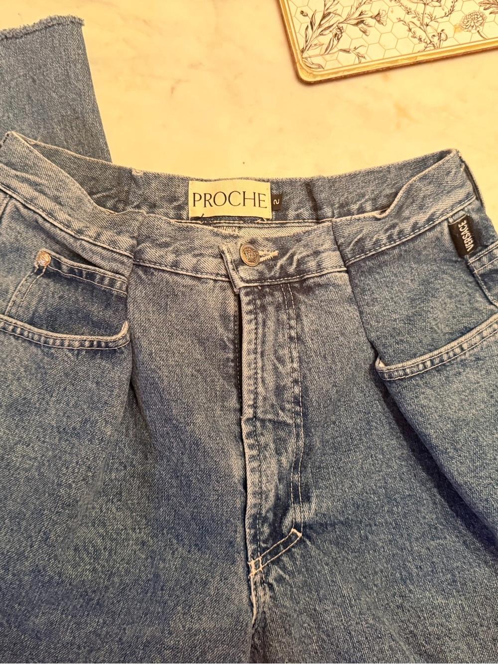 Proche Upcycled Vintage Versace Front Pleat Denim Jeans
